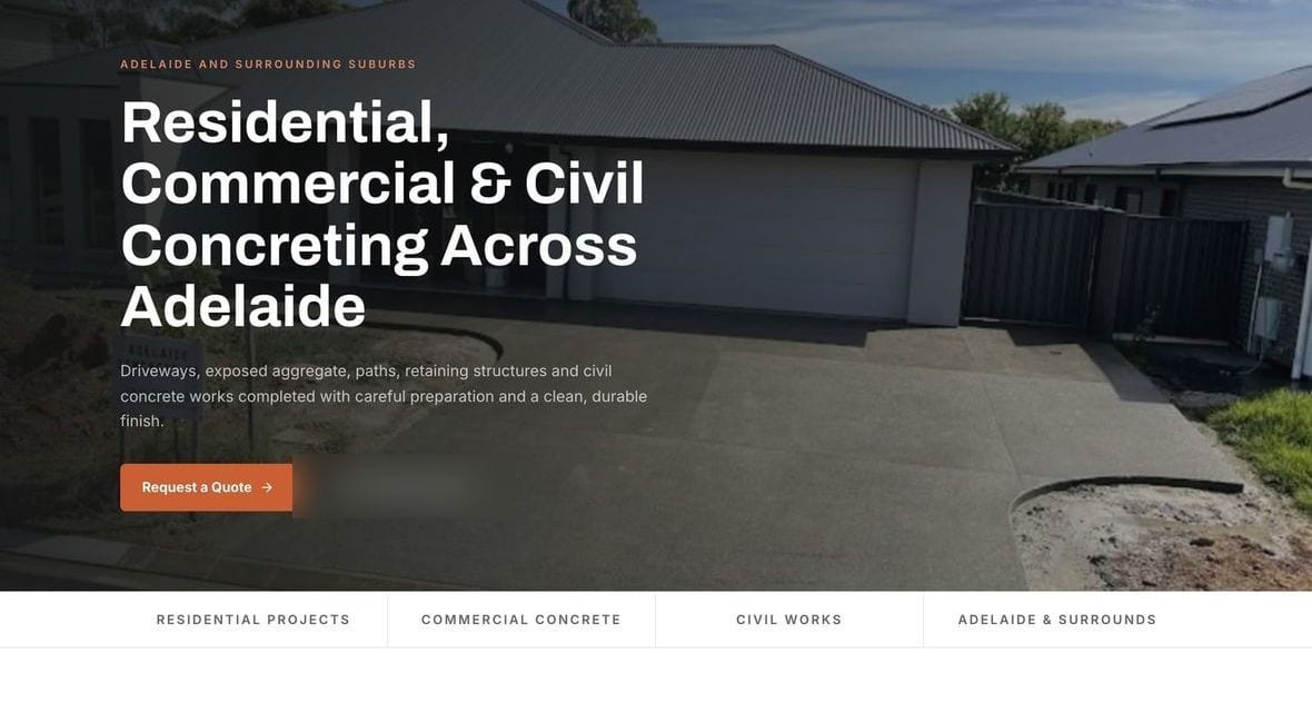 Adelaide Concrete and Civil website on desktop, showing a jobsite hero photo with service categories. Contact details are blurred.