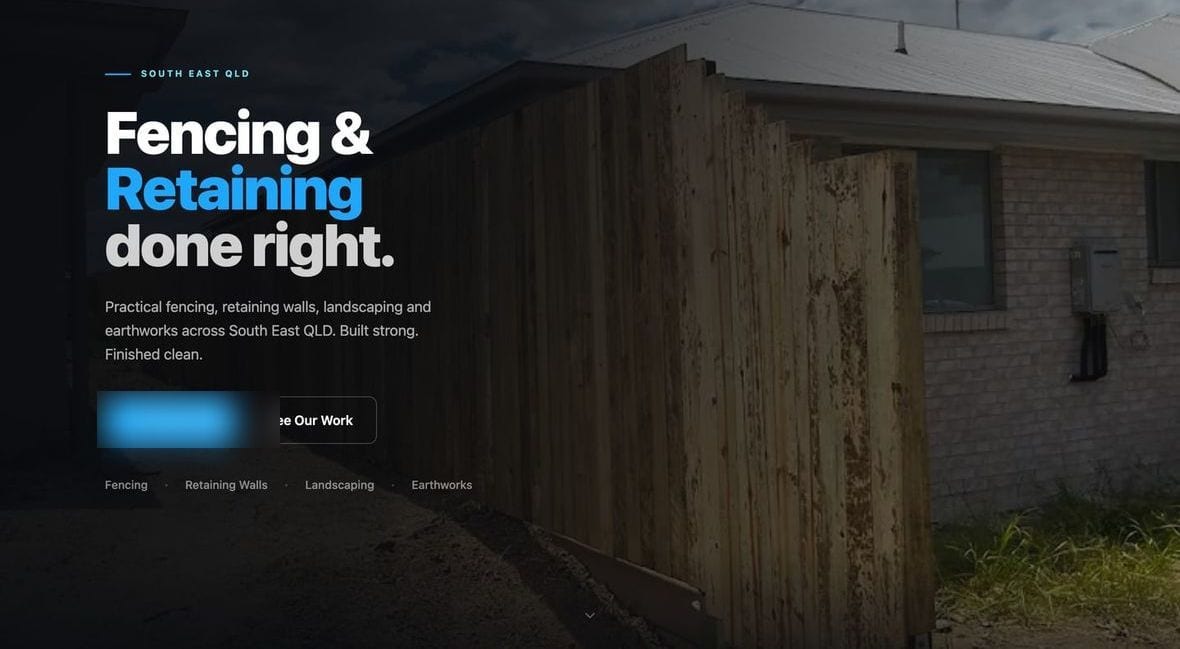 MJP Fencing and Retaining website on desktop, showing a full-width photo of a completed timber fence. Contact details are blurred.