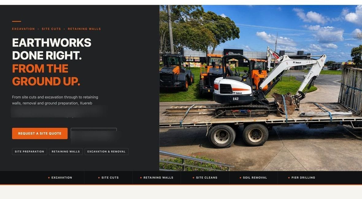 Xuereb Earthworks website on desktop, with excavation machinery across the hero. Contact details are blurred.